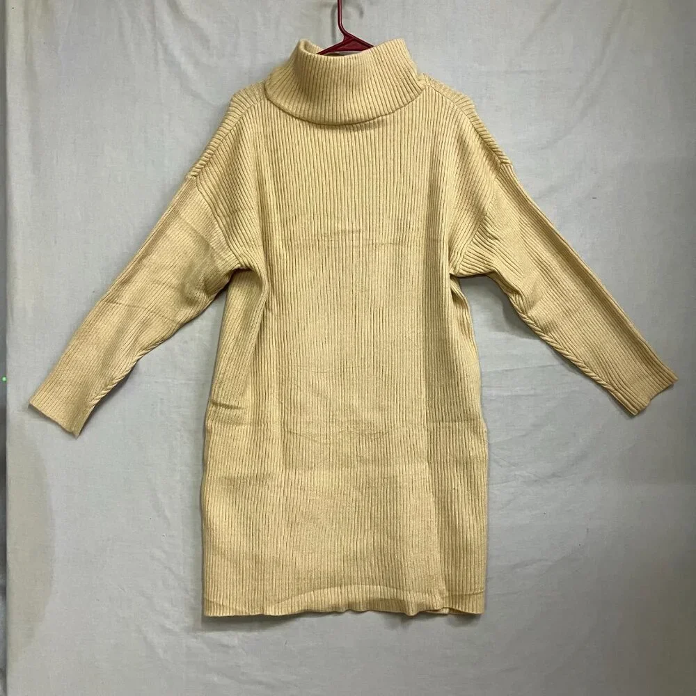 Unbranded Women's Large Mustard 1/4 Zip Pullover Ribbed Sweater Dress Acrylic